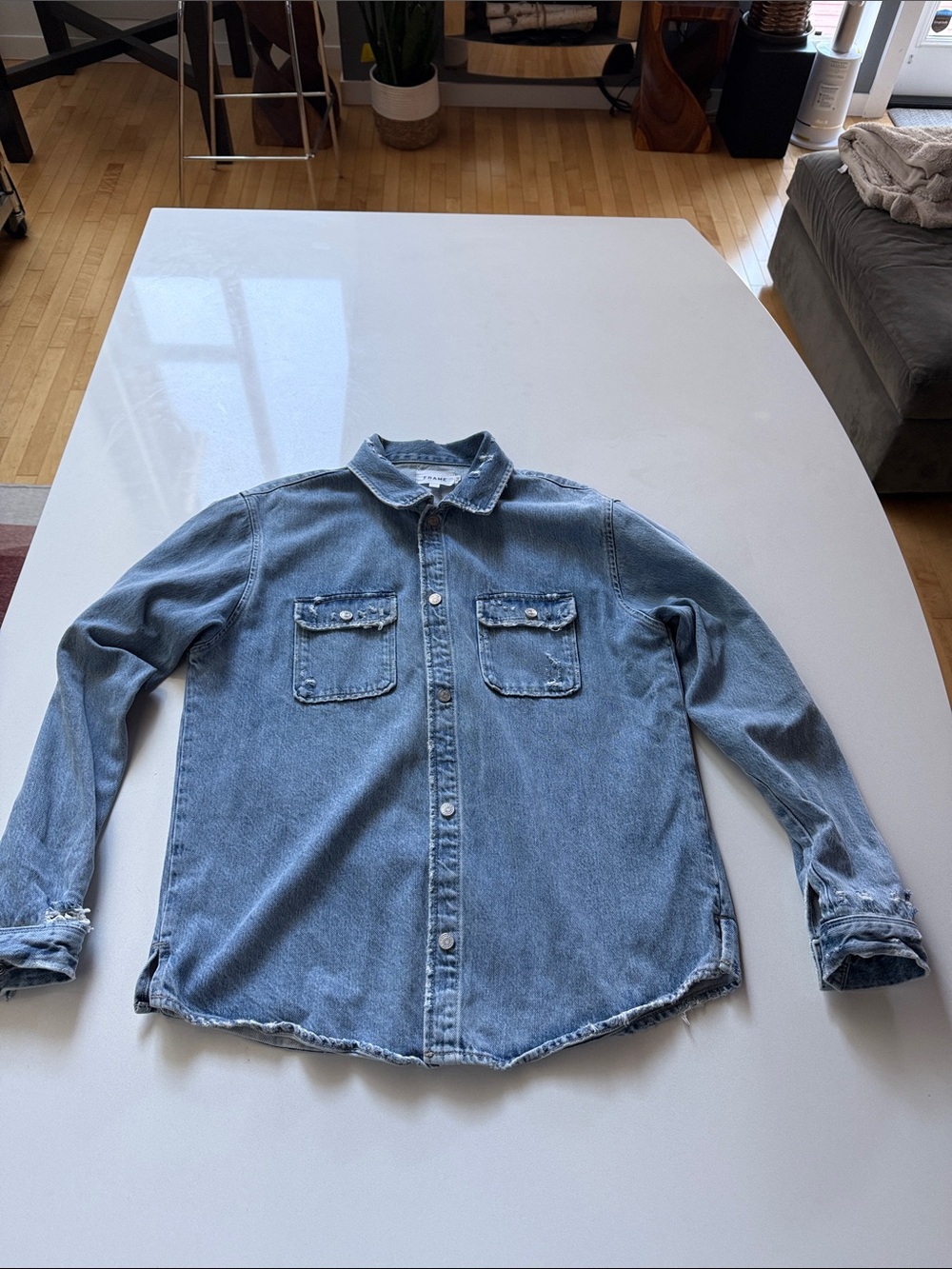 Frame Denim Light Blue Distressed Denim Shirt Jacket, Relaxed Fit, Unisex - Picture 9 of 13